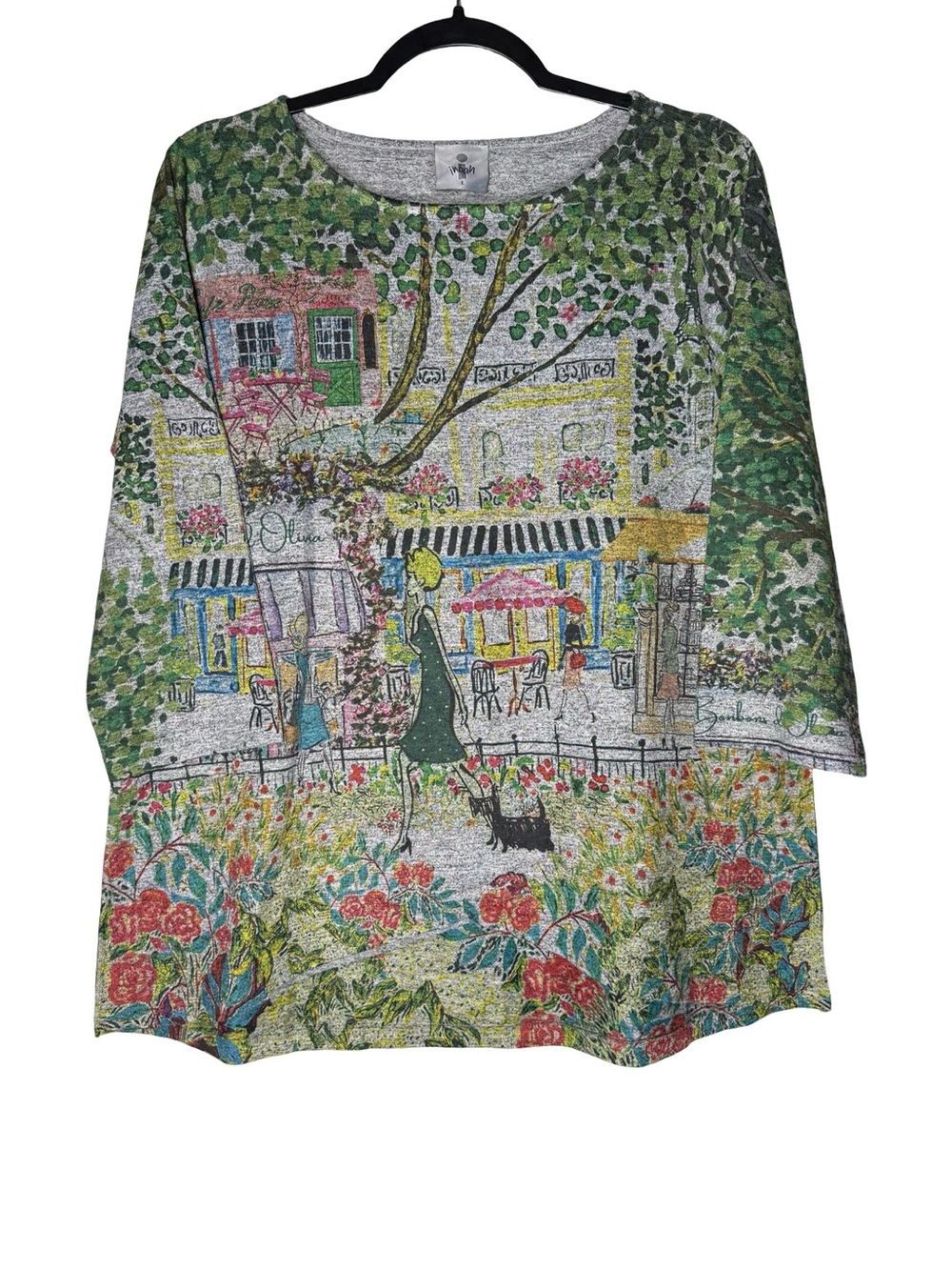 Inoah Top Womens Large Cityscape Paris Floral Art to Wear 3/4 Sleeve Artsy Gray